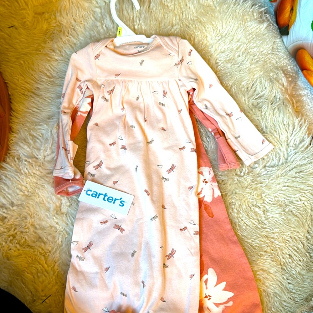 Carter’s 3 month Baby Girl 2-pk Night Gown Foldover Cuffs NWT dragonflies floral
